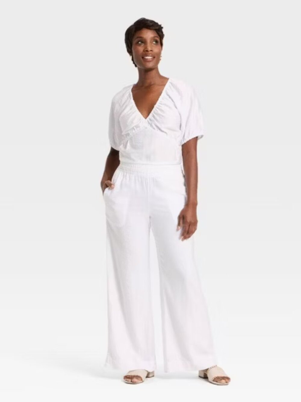 NWT Women's High-Rise Linen Wide Leg Pull-On Pants - A New Day™ White XS